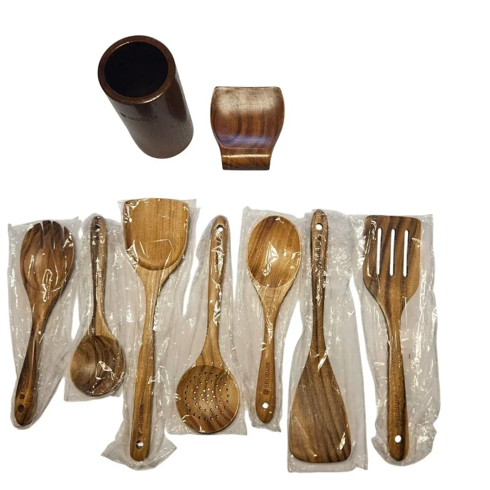 Brodark Kitchen Wooden Utensil Set With Holder & Spoon Rest - 7 Pieces